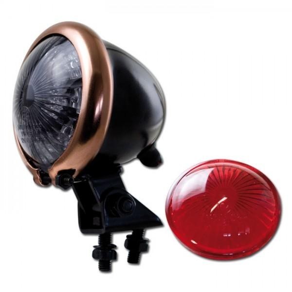 LED zadní světlo BATES STYLE černé s měděným kroužkem, bez osvětlení SPZ, Ø 57mm