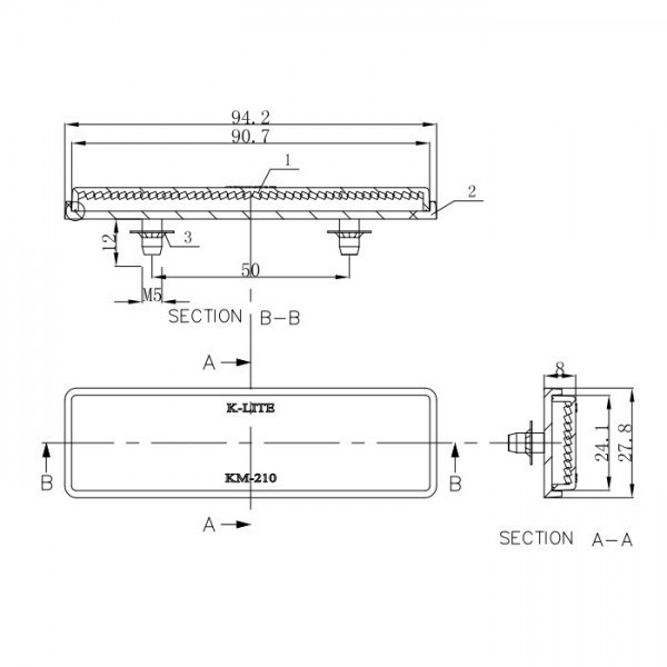 Červená odrazka 94 x 28 x 8 mm, uchycení 2x šroubem M5 x 12mm, (1ks)